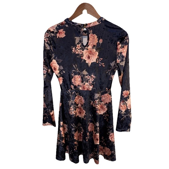 Altar'd State Women's Floral Navy Crushed Velvet Dress Long Sleeve Small Mini - Picture 5 of 8